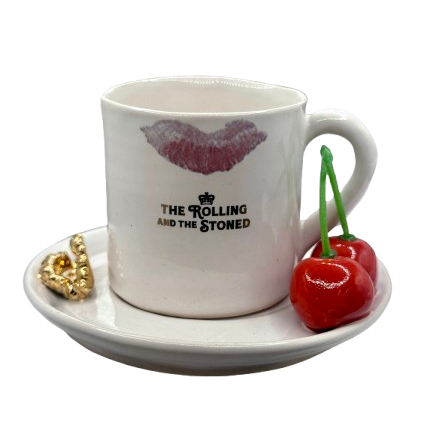 The Rolling and The Stoned, Espresso Cup and Saucer with Two Cherries