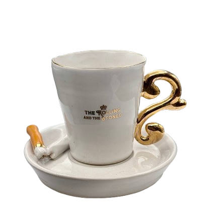 The Rolling and the Stoned, Espresso Cup and Saucer with Cig and Gold Handle