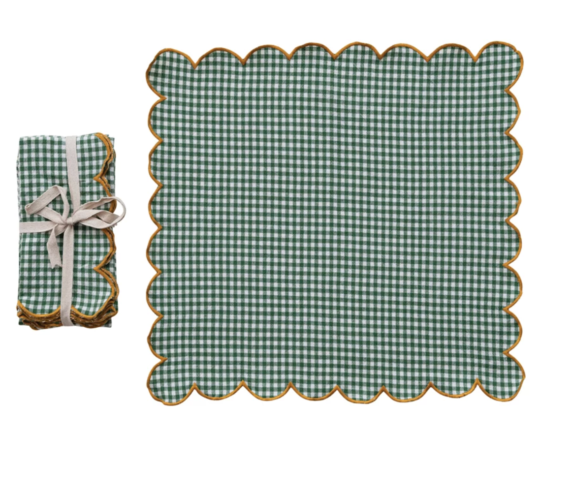 Green and Gold Scalloped Gingham Tea Towel (set 4)