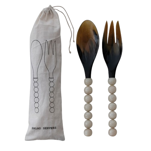 Noel Natural Horn Salad Servers w/ White Marbled Resin Handles, Set of 2
