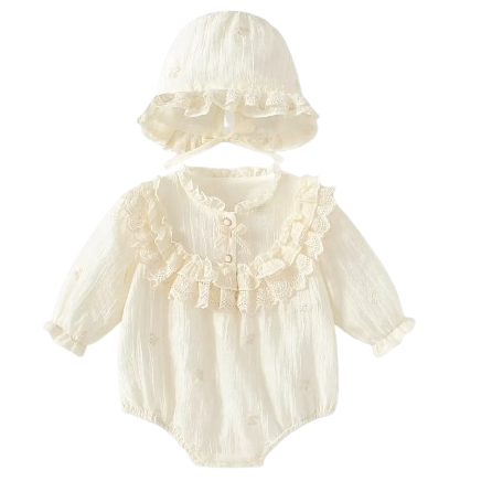 Emmy Embroidered Ruffle Onesie with Buttons and Bonnet