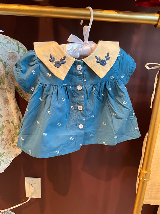 Baby girl, vintage floral, collared dress, and shorts