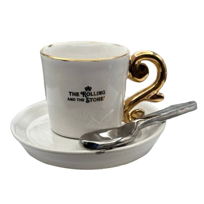 The Rolling and the Stoned, Espresso Cup and Saucer with Gold Handle and Silver Spoon