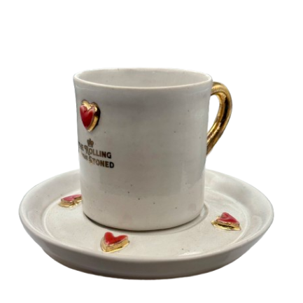 The Rolling and the Stoned, Espresso Cup and Saucer with Hearts and Gold Handle