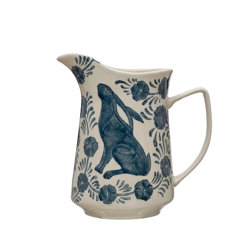 3 Quart Hand-Painted Stoneware Pitcher w/ Rabbit & Flowers, Blue & White