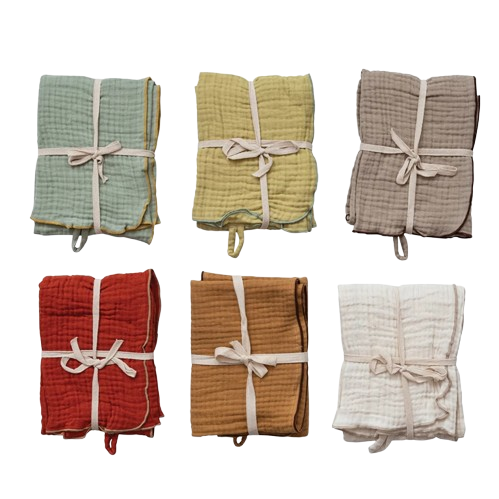 Woven Cotton Double Cloth Tea Towel w/ Contrasting Stitched Edge & Loop, 6 Colors