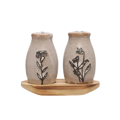 Stoneware Salt & Pepper Shakers w/ Tray
