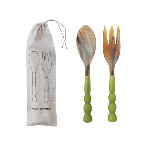 Cleo Green Horn Salad Servers w/ Green Marbled Resin Handles, Set of 2 in Bag