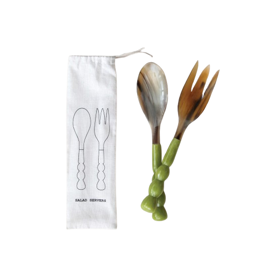 Cleo Green Horn Salad Servers w/ Green Marbled Resin Handles, Set of 2 in Bag