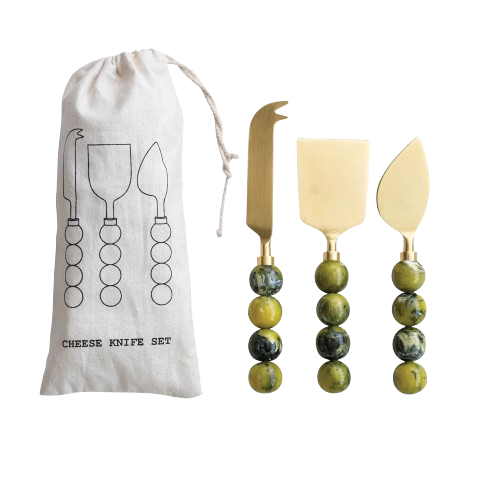 Jade Cheese Knives with Green Resin Handles, Set of 3 in Bag