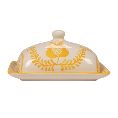 Hand-Painted Stoneware Butter Dish with Botanical Design, Yellow & White