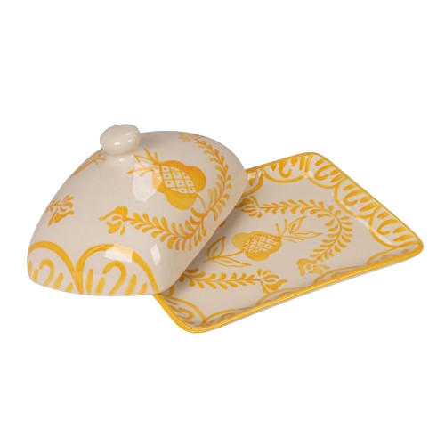 Hand-Painted Stoneware Butter Dish with Botanical Design, Yellow & White