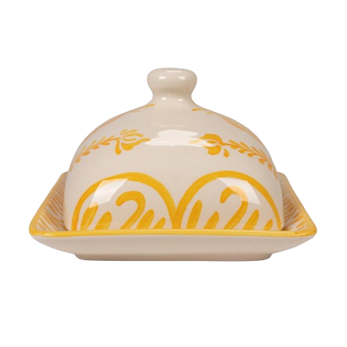 Hand-Painted Stoneware Butter Dish with Botanical Design, Yellow & White