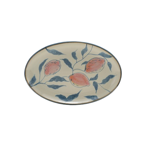Oval Hand-Painted Stoneware Platter with Lemons